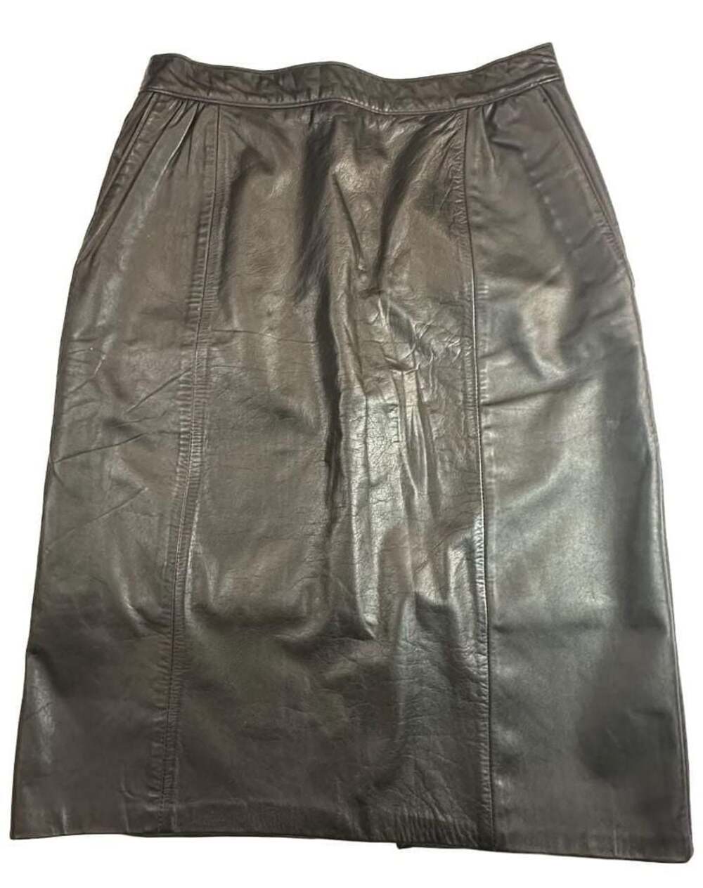 ⁠Vintage Comint Black Genuine Leather Midi Pencil Skirt Women's Size L High Wais